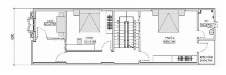 Mặt băng tầng 2 của nhà ống 2 tầng hiện đại